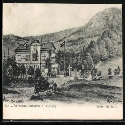 AK Brotterode, Gast-und Pensionshaus Grenzwiese, Kl.Inselsberg mit Kutsche