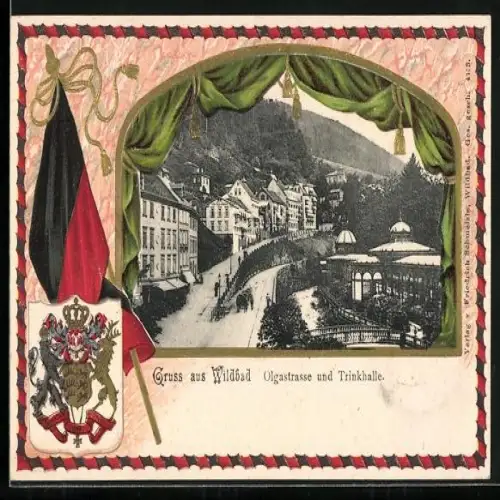 Passepartout-Lithographie Wildbad / Schwarzwald, Olgastrasse und Trinkhalle, Wappen und Fahne
