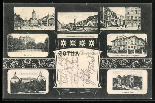 AK Gotha, Neue Lebensversicherungsbank, Loge und Post, Marktstrasse