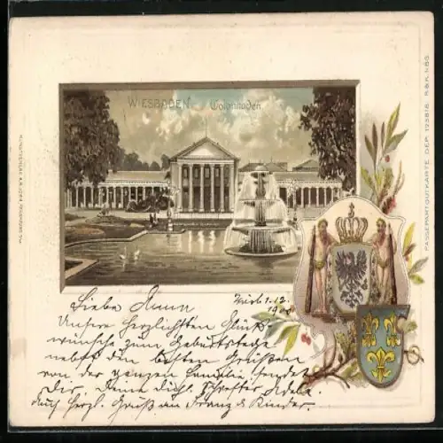 Passepartout-Lithographie Wiesbaden, Colonnaden mit Wappen