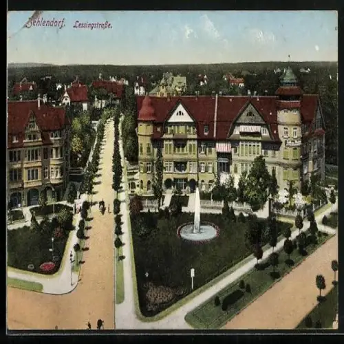 AK Berlin-Zehlendorf, Blick auf die Lessingstrasse mit Springbrunnen