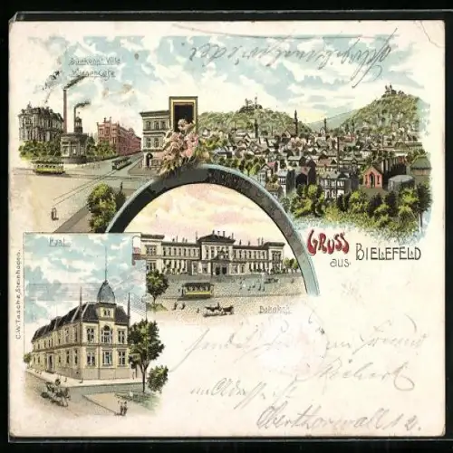 Lithographie Bielefeld, Dürkopps-Villa und Wiener Cafe, Bahnhof, Kaiserl. Post