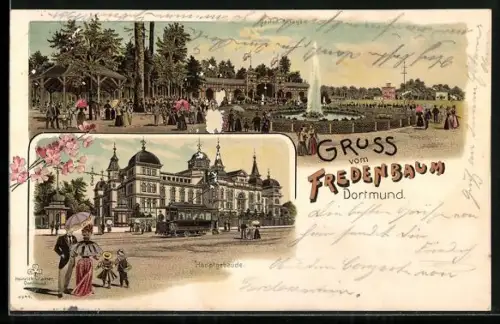 Lithographie Dortmund, Gasthaus Fredenbaum, Hauptgebäude mit Strassenbahn