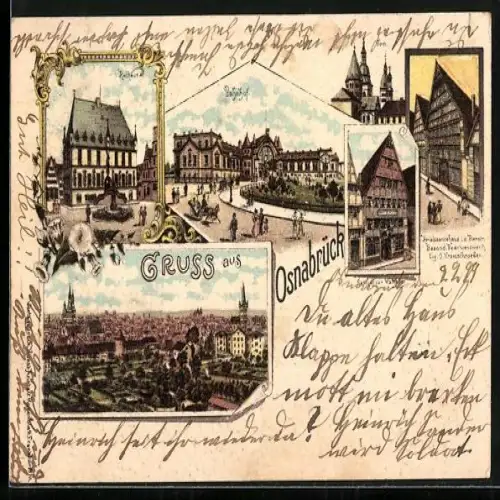 Lithographie Osnabrück, Bahnhof, Ortsansicht, Gasthof zur Walhalla
