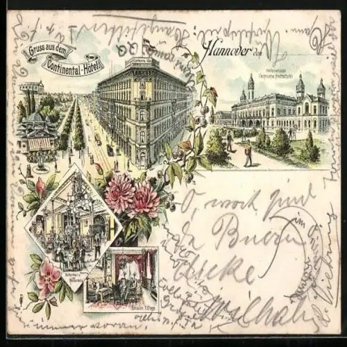 Lithographie Hannover, Continental-Hotel und Welfenschloss, Technische Hochschule