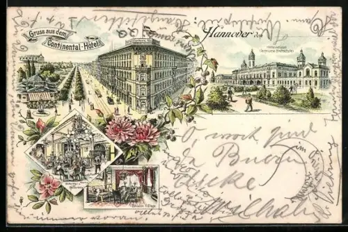 Lithographie Hannover, Continental-Hotel und Welfenschloss, Technische Hochschule
