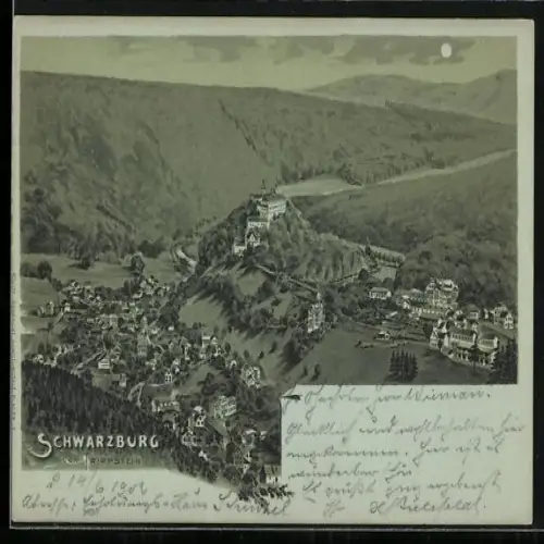 Mondschein-Lithographie Schwarzburg am Rippstein, Panorama mit Schloss