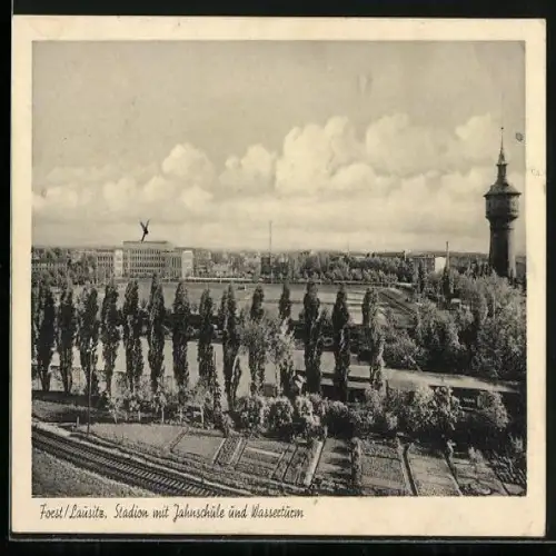 AK Forst /Lausitz, Stadion mit Jahnschule und Wasserturm