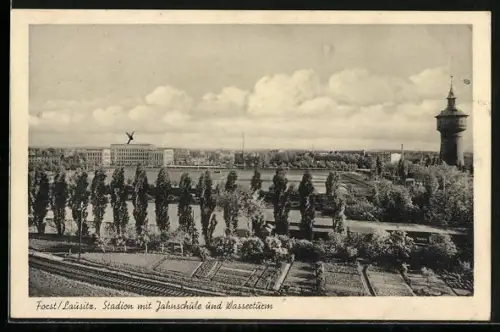 AK Forst /Lausitz, Stadion mit Jahnschule und Wasserturm