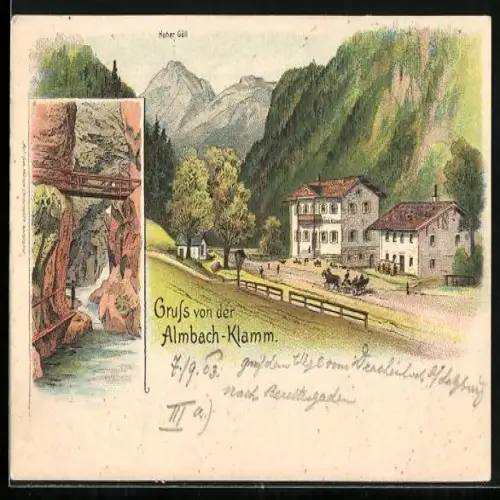 Lithographie Almbach-Klamm, Hotel und Hoher Göll, Ortspartie