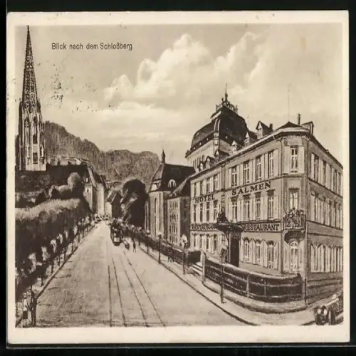 AK Freiburg / Breisgau, Blick nach dem Schlossberg mit Hotel - Restauration Salmen, Inh. F. & O. Kiechle