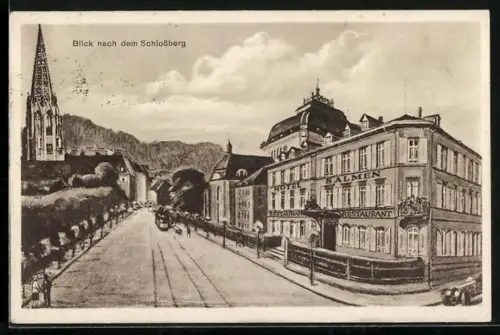 AK Freiburg / Breisgau, Blick nach dem Schlossberg mit Hotel - Restauration Salmen, Inh. F. & O. Kiechle