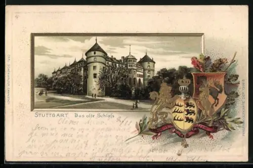 Passepartout-Lithographie Stuttgart, das alte Schloss, Wappen und Eichenlaub