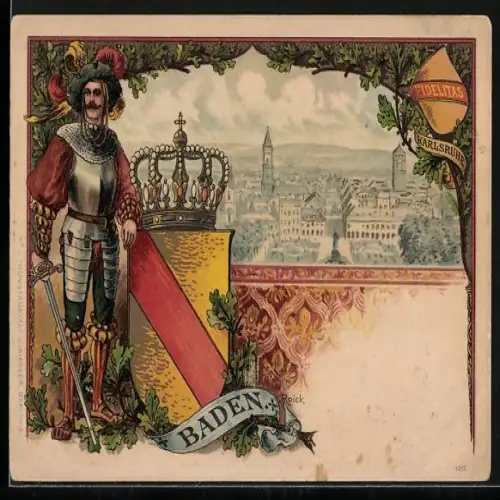 Passepartout-Lithographie Karlsruhe, Totalansicht aus der Vogelschau