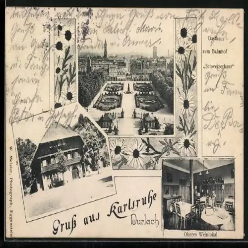 AK Karlsruhe, Durlach, Gasthaus zum Bahnhof Schweizerhaus, Innenansicht oberes Weinlokal, Schloss mit Denkmal