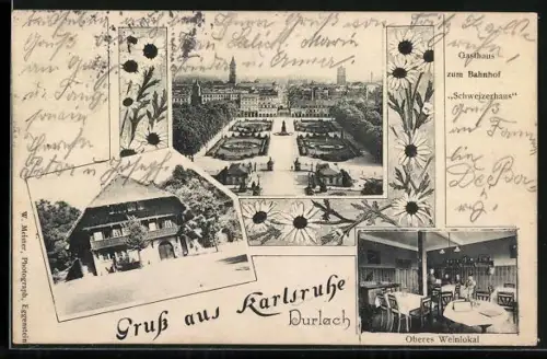 AK Karlsruhe, Durlach, Gasthaus zum Bahnhof Schweizerhaus, Innenansicht oberes Weinlokal, Schloss mit Denkmal