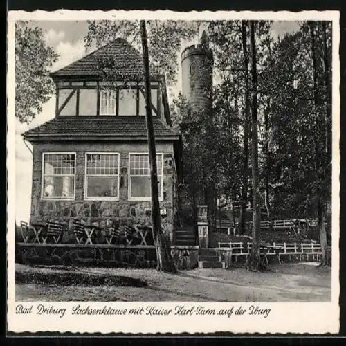 AK Bad Driburg, Gasthaus Sachsenklause mit Kaiser Karl-Turm auf der Iburg
