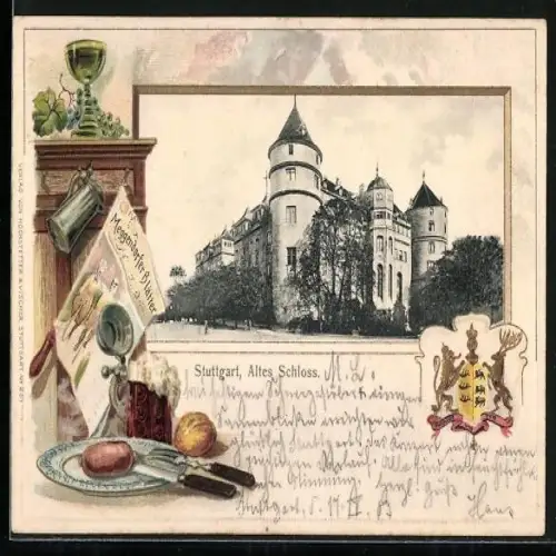 Passepartout-Lithographie Stuttgart, Am alten Schloss, Wappen und gedeckter Tisch