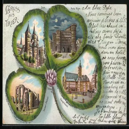 Passepartout-Lithographie Trier, Dom, Porta Nigra, Hauptmarkt, Kaiser Palast im Kleeblatt