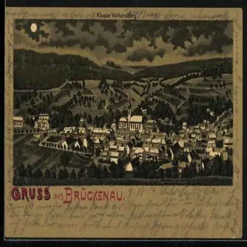 Mondschein-Lithographie Brückenau, Kloster Volkersberg