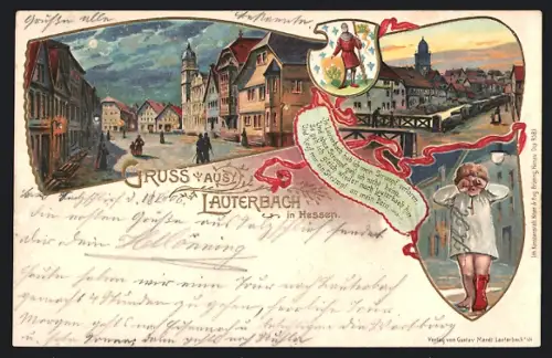 Lithographie Lauterbach / Hessen, Ortspartien, weinendes Kind