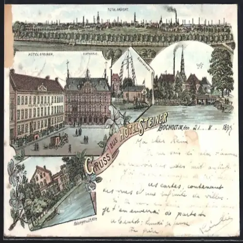 Lithographie Bocholt /W., Hotel Steiner, Bootshaus, Totalansicht