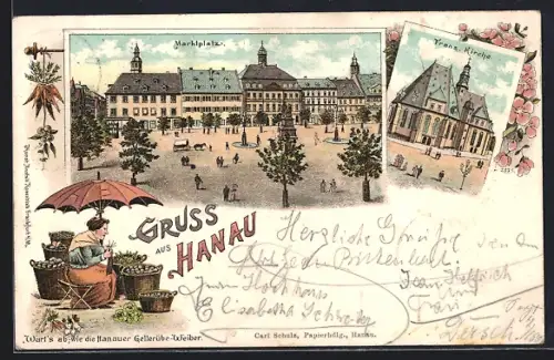 Lithographie Hanau, Marktplatz, Französische Kirche