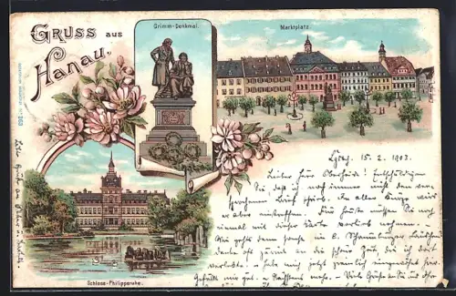 Lithographie Hanau, Schloss Philippsruhe, Grimmdenkmal und Marktplatz