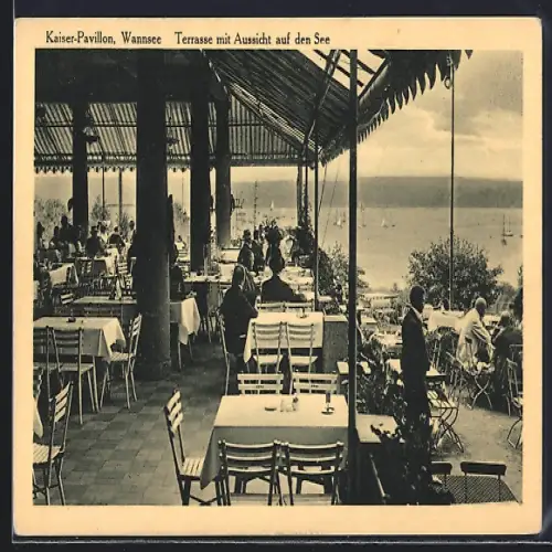 AK Berlin-Wannsee, Kaiser-Pavillon, Terrasse mit Aussicht auf den See