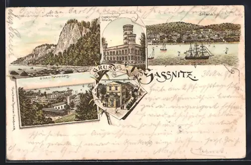 Lithographie Sassnitz, Jagdschlos Granitz, Stubbenkammer, Strand und Blick v. Fahrenberg