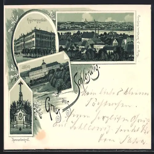 Lithographie Schleswig, Regierungsgebäude, Schloss, Kanonendenkmal