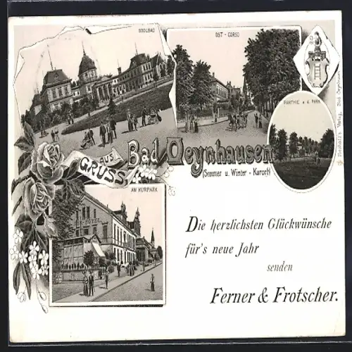 Lithographie Bad Oeynhausen, Am Kurpark, Soolbad, Ost-Corso, Neujahrsgruss