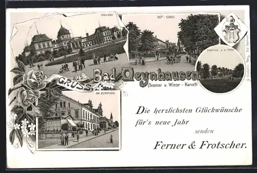 Lithographie Bad Oeynhausen, Am Kurpark, Soolbad, Ost-Corso, Neujahrsgruss