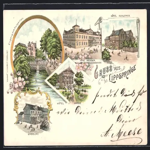 Lithographie Bad Lippspringe, Hotel Garbe, Hotel Wegener, Hotel Schlepper, Engelke