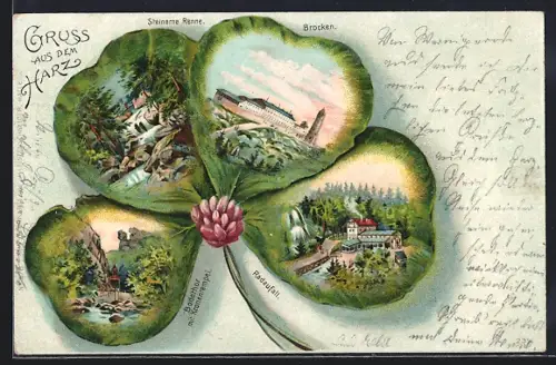 Passepartout-Lithographie Brocken / Harz, Bodentor mit Kronentempel, Radaufall aus der Vogelschau, Kleeblatt