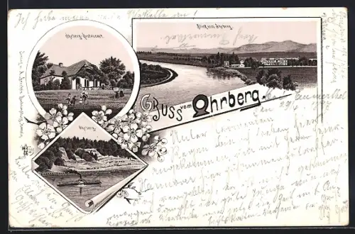 Lithographie Ohrberg, Ortsansicht, Restaurant, Dampfer