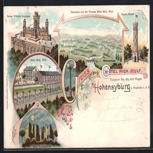 Lithographie Hohensyburg, Hotel Rich. Wulf, Ruine Hohensyburg bei Mondschein, Kaiser Wilhelm-Denkmal