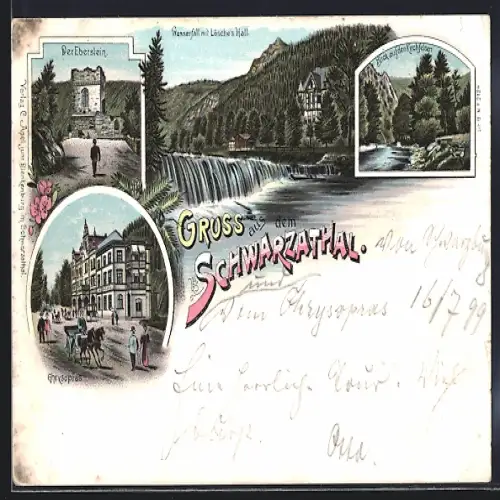 Lithographie Schwarzathal, Wasserfall mit Lösche`s Hall, Ghrysopras, Eberstein