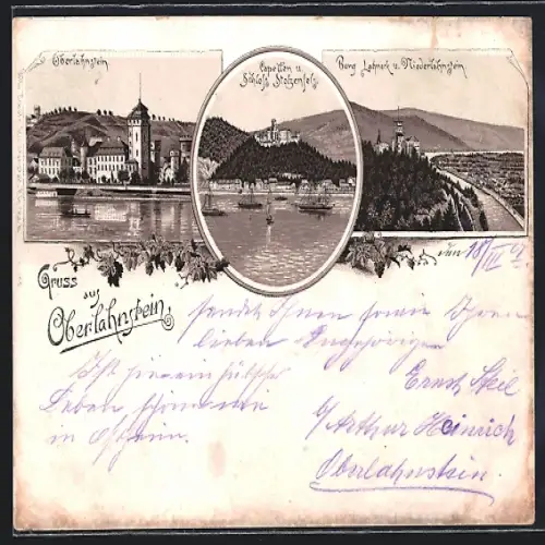 Lithographie Oberlahnstein, Ortsansicht, Burg und Niederlahnstein, Schloss Stolzenfels