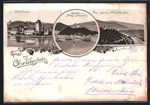Lithographie Oberlahnstein, Ortsansicht, Burg und Niederlahnstein, Schloss Stolzenfels