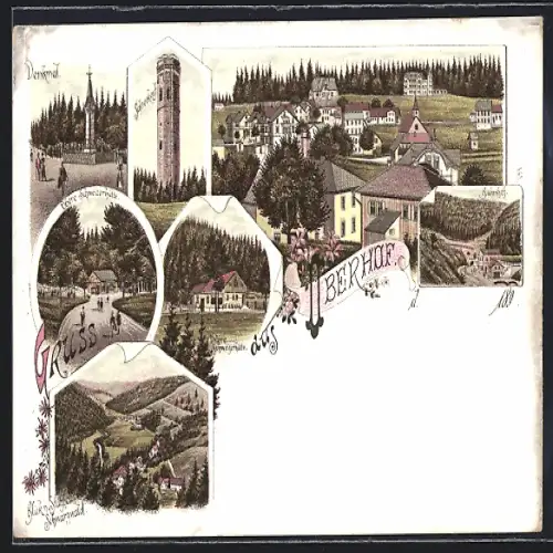 Lithographie Oberhof / Thür., Blick auf Denkmal, Schneekopf, Obere und untere Schweizerhütte