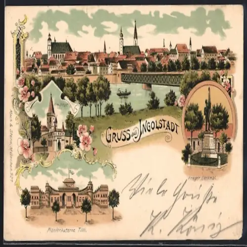 Lithographie Ingolstadt, Pionierkaserne Tilli, Kreuztor, Krieger-Denkmal