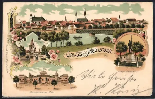 Lithographie Ingolstadt, Pionierkaserne Tilli, Kreuztor, Krieger-Denkmal