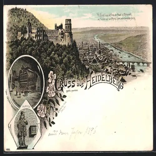Lithographie Heidelberg, Ortsansicht aus der Vogelschau, das grosse Fass, Perkeo