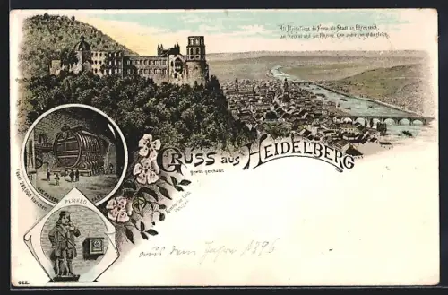 Lithographie Heidelberg, Ortsansicht aus der Vogelschau, das grosse Fass, Perkeo