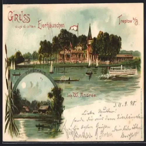 Lithographie Berlin-Treptow, Das alte Eierhäuschen, W. Andree, Forsthaus, Dampfschiff