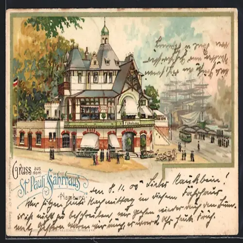 Lithographie Hamburg-St. Pauli, Gasthof Fährhaus, Strassenbahn