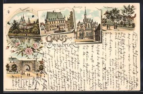 Lithographie Osnabrück, Rathaus, Dom, Marienkirche