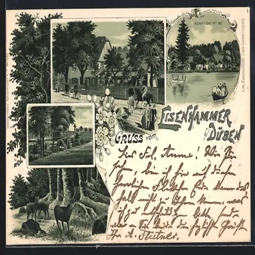 Lithographie Düben / Mulde, Gaststätte Eisenhammer mit Strasse und Bootspartie, Hammerwerk, Hirsche