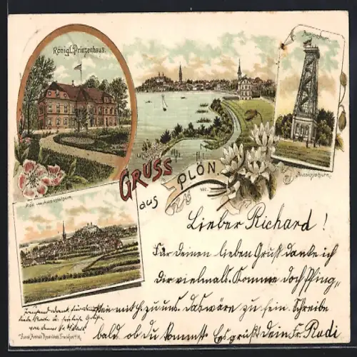 Lithographie Plön, Königliches Prinzenhaus, Aussichtsturm, Totalansicht